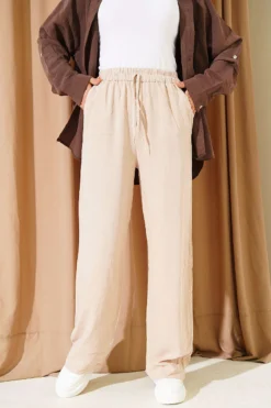 Elastic Waist Pocket Tencel Pants Beige