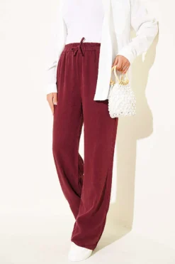 Elastic Waist Pocket Tencel Pants Burgundy