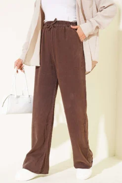 Elastic Waist Pocket Tencel Pants Brown