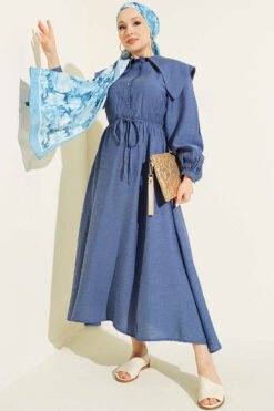 Buttoned Sailor Collar Dress with Belted Waist Indigo