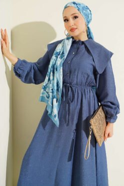 Alternative view of Buttoned Sailor Collar Dress with Belted Waist Indigo