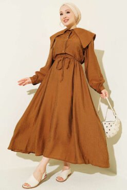 Buttoned Sailor Collar Dress with Belted Waist Tan