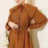 Buttoned Sailor Collar Dress with Belted Waist Tan – Image 2