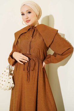 Alternative view of Buttoned Sailor Collar Dress with Belted Waist Tan