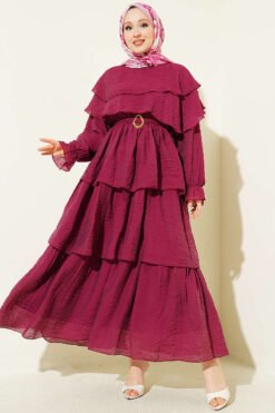 Belted Tiered Dress Burgundy