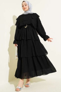 Belted Tiered Dress Black