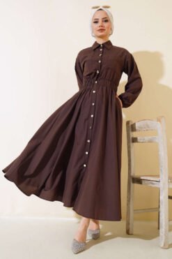 Belted Metal Button Dress Brown