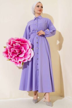 Belted Metal Button Dress Lilac