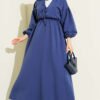 Elastic Waist V-Neck Muslin Dress Indigo