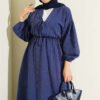 Elastic Waist V-Neck Muslin Dress Indigo - Image 2