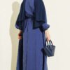 Elastic Waist V-Neck Muslin Dress Indigo - Image 3
