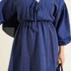 Elastic Waist V-Neck Muslin Dress Indigo - Image 4