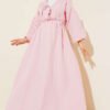 Elastic Waist V-Neck Muslin Dress Pink