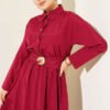 ⁦Belted Half Gold Button Dress Burgundy⁩ - الصورة ⁦2⁩