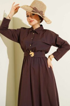 Alternatieve weergave van Belted Half Gold Button Dress Brown