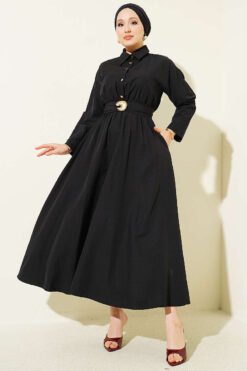 Belted Half Gold Button Dress Black