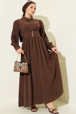 Belted Half Hidden Button Dress Brown