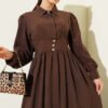 Belted Half Hidden Button Dress Brown - immagine 2