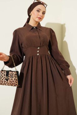 Alternatieve weergave van Belted Half Hidden Button Dress Brown