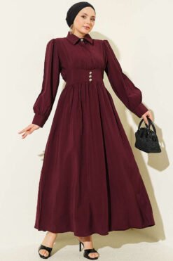 Belted Half Hidden Button Dress Plum