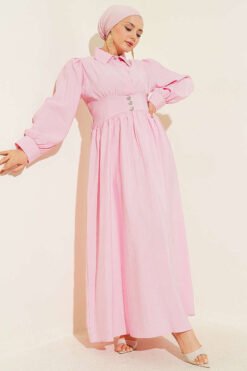 Belted Half Hidden Button Dress Pink