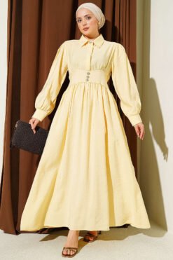 Belted Half Hidden Button Dress Yellow