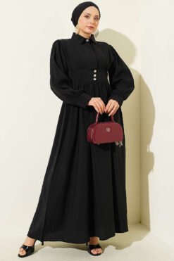 Belted Half Hidden Button Dress Black