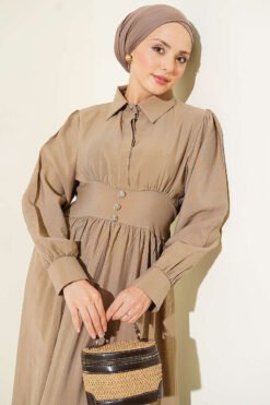Alternatieve weergave van Belted Half Hidden Button Dress Mink