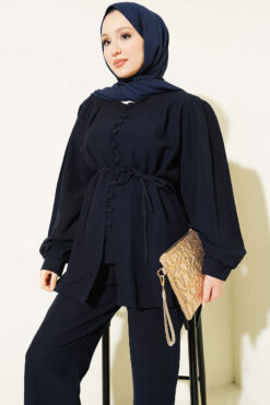 Alternative view of Belted Brit Buttoned Linen Set Navy Blue