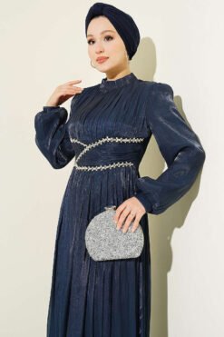 Vue alternative de Belted Embellished Gathered Evening Dress Navy Blue