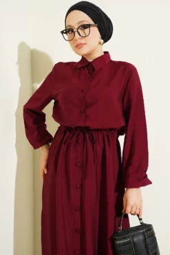 Alternative view of Belted Shirt Collar Long Tunic Two-Piece Set Burgundy