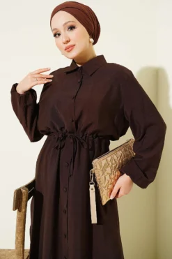 Alternative view of Belted Shirt Collar Long Tunic Two-Piece Set Brown
