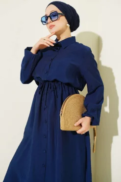 Alternative view of Belted Shirt Collar Long Tunic Two-Piece Set Navy Blue
