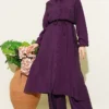 Belted Shirt Collar Long Tunic Two-Piece Set Plum