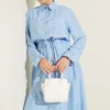 Belted Shirt Collar Long Tunic Two-Piece Set Blue – Image 2