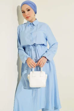 Alternative view of Belted Shirt Collar Long Tunic Two-Piece Set Blue