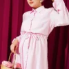 Belted Shirt Collar Long Tunic Two-Piece Set Pink