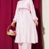 Belted Shirt Collar Long Tunic Two-Piece Set Pink - immagine 2