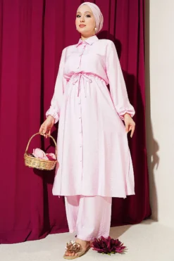 Alternative view of Belted Shirt Collar Long Tunic Two-Piece Set Pink