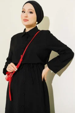 Alternative view of Belted Shirt Collar Long Tunic Two-Piece Set Black