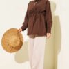 Belted Tunic with Hidden Buttons Modal Shirt Brown – Image 2