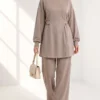 Belted Gold Buckle Tied Lounge Set Beige – Image 2