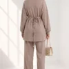 Belted Gold Buckle Tied Lounge Set Beige – Image 4