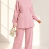 Belted Gold Buckle Tied Lounge Set Pink