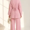 Belted Gold Buckle Tied Lounge Set Pink - Imagen 4