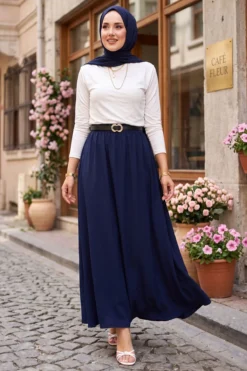 Elastic Waistband Pocket Detail Skirt Navy Blue