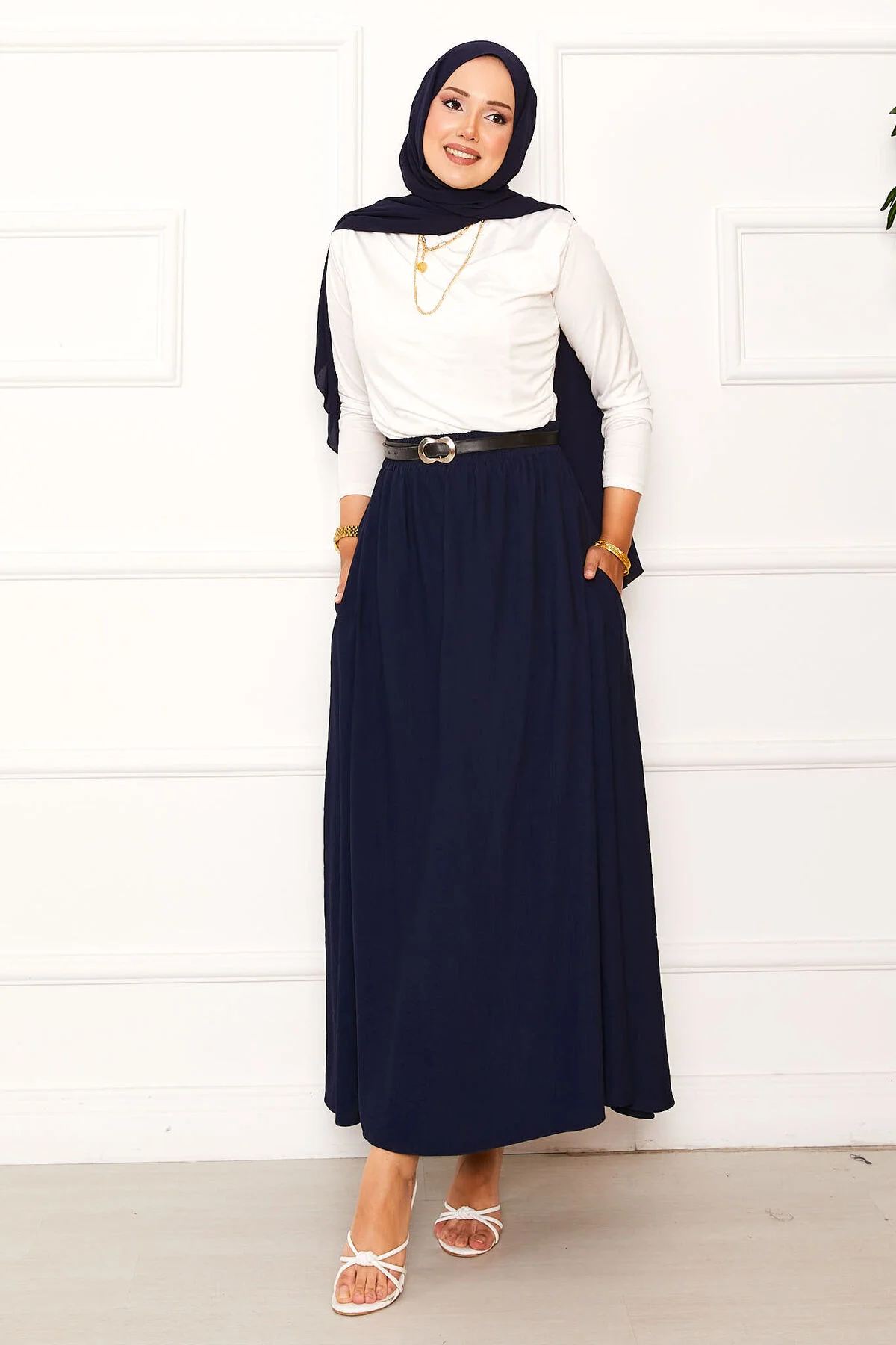 Elastic Waistband Pocket Detail Skirt Navy Blue – Bild 3