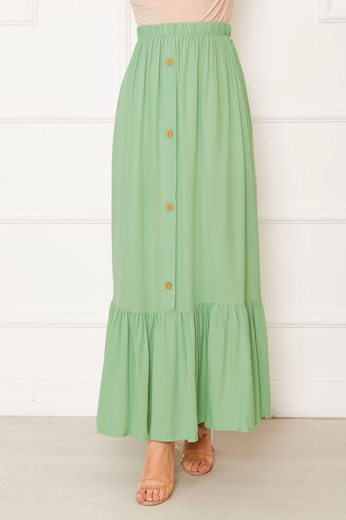 Elastic Waist Button Detail Modest Skirt - الصورة 4