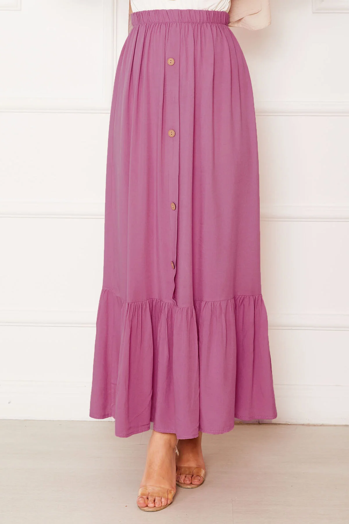 Elastic Waist Button Detail Modest Skirt - الصورة 3
