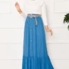 ⁦Elastic Waist Button Detail Modest Skirt Blue⁩ - الصورة ⁦3⁩